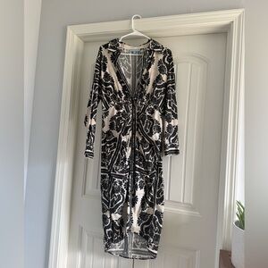 ANTONIO MELANI Black and Cream Midi Dress with Floral Damask Print